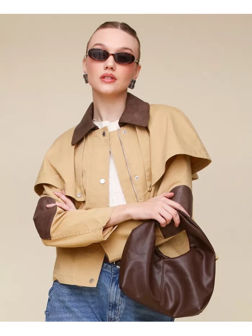 NEW! AVEC LES FILLES Cropped Cape Trench Jacket in Khaki Size XS